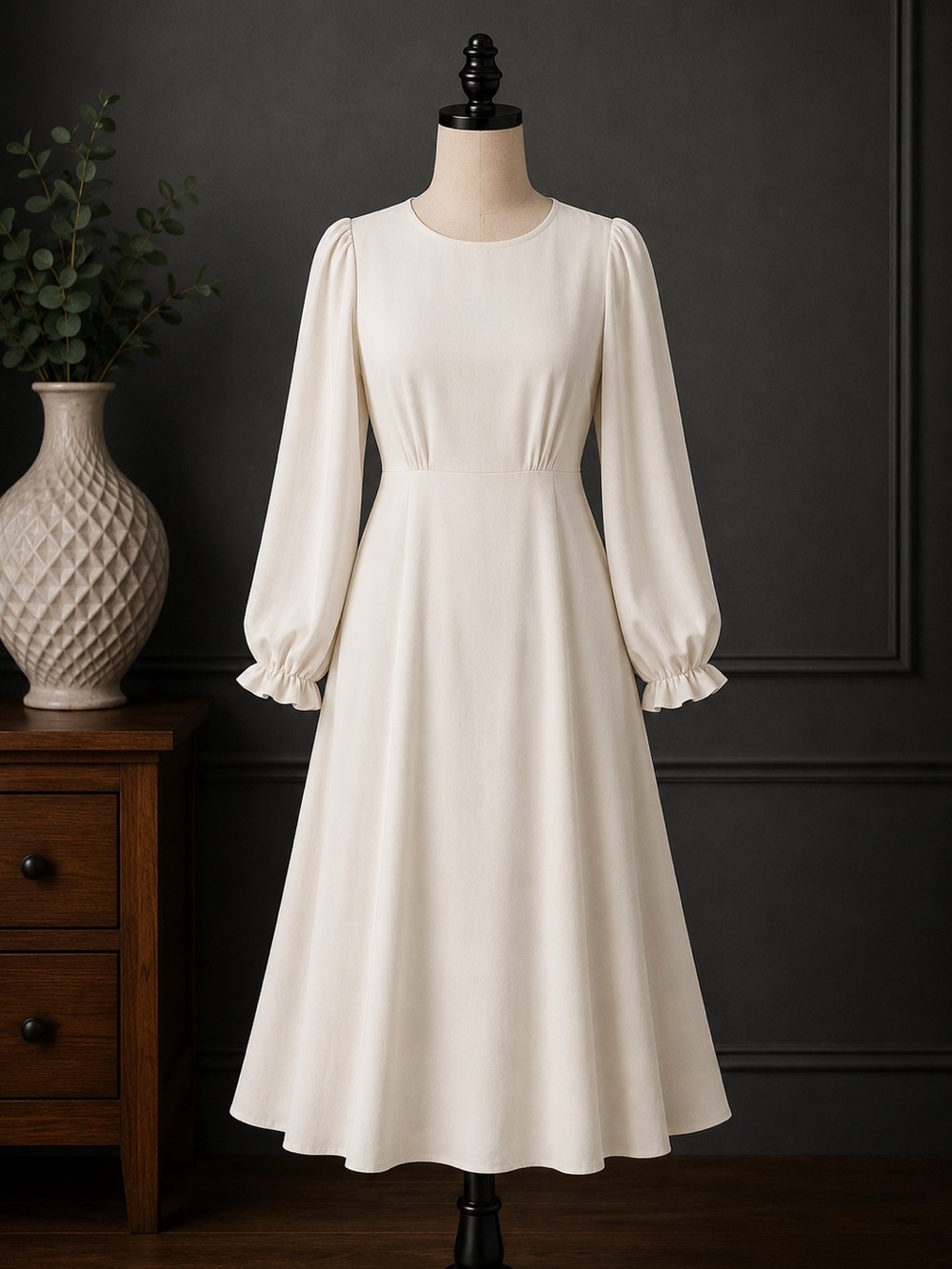 Elegant Cream Long-Sleeve Midi Dress